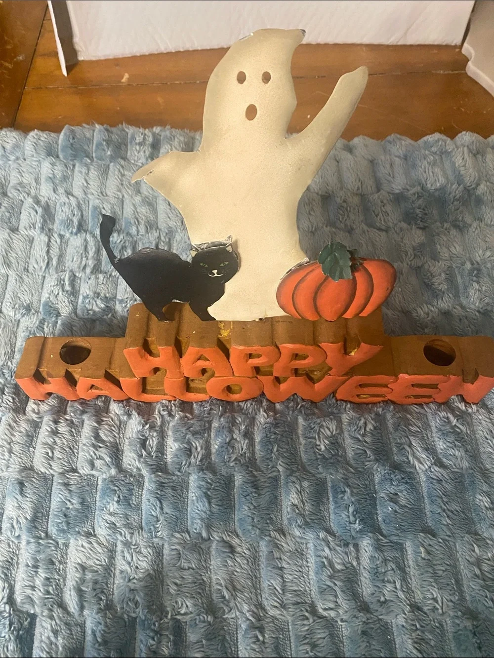 Vintage 90s Folk Art Wood Halloween Candle Holder Sign Ghost Cat Pumpkin